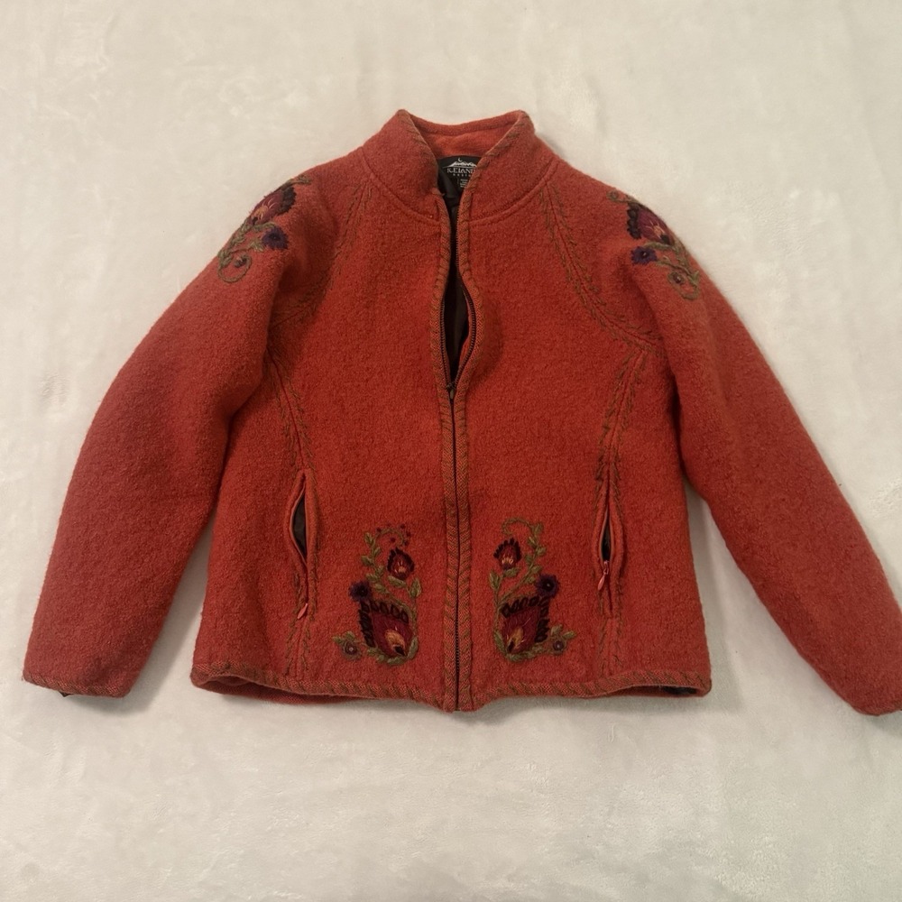 VTG Y2K Icelandic Design Embroidered‎ Wool Jacket Youth L Red Orange Floral Boho